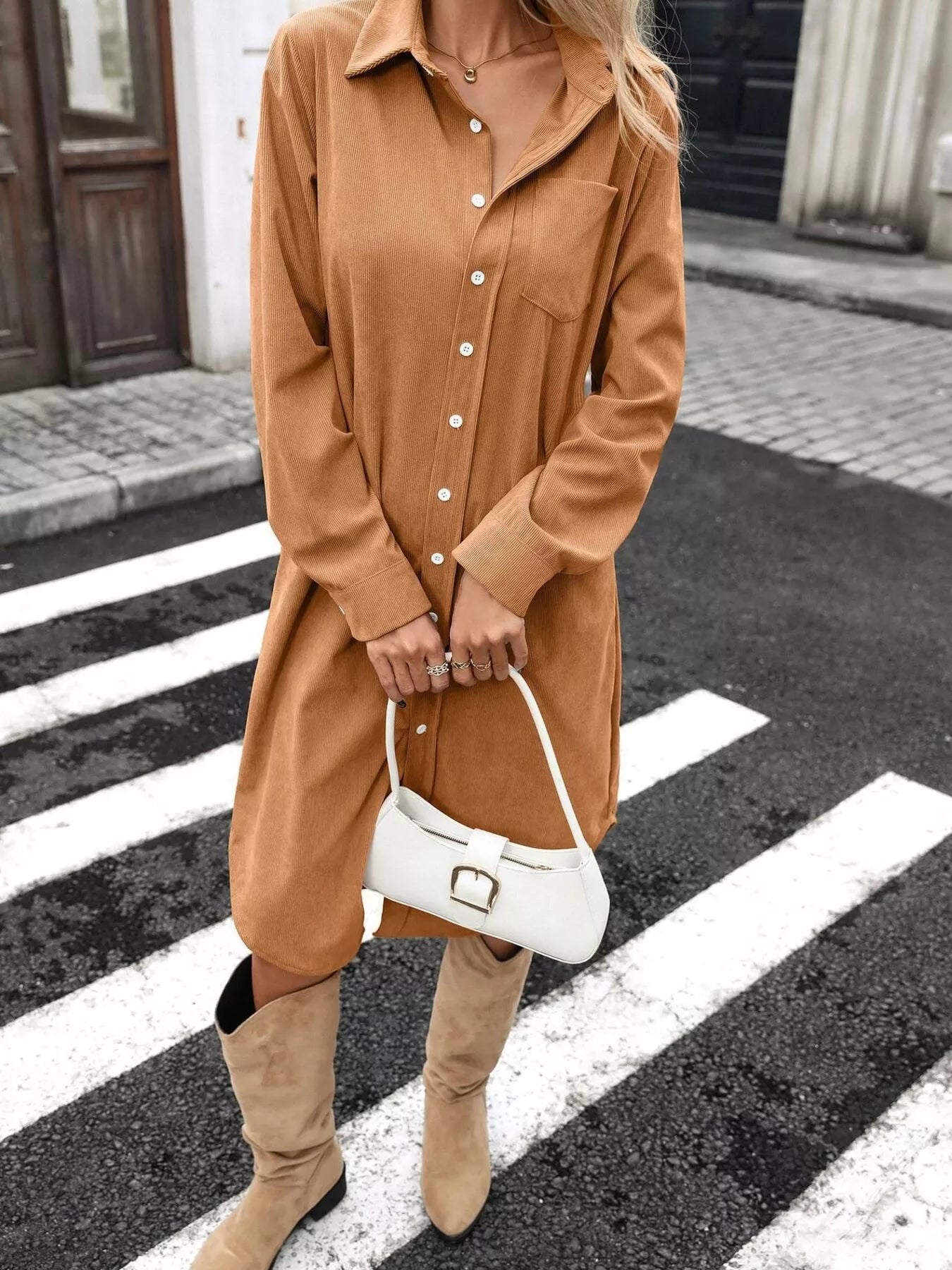 Corduroy Shirt Dress with Button-Down Front