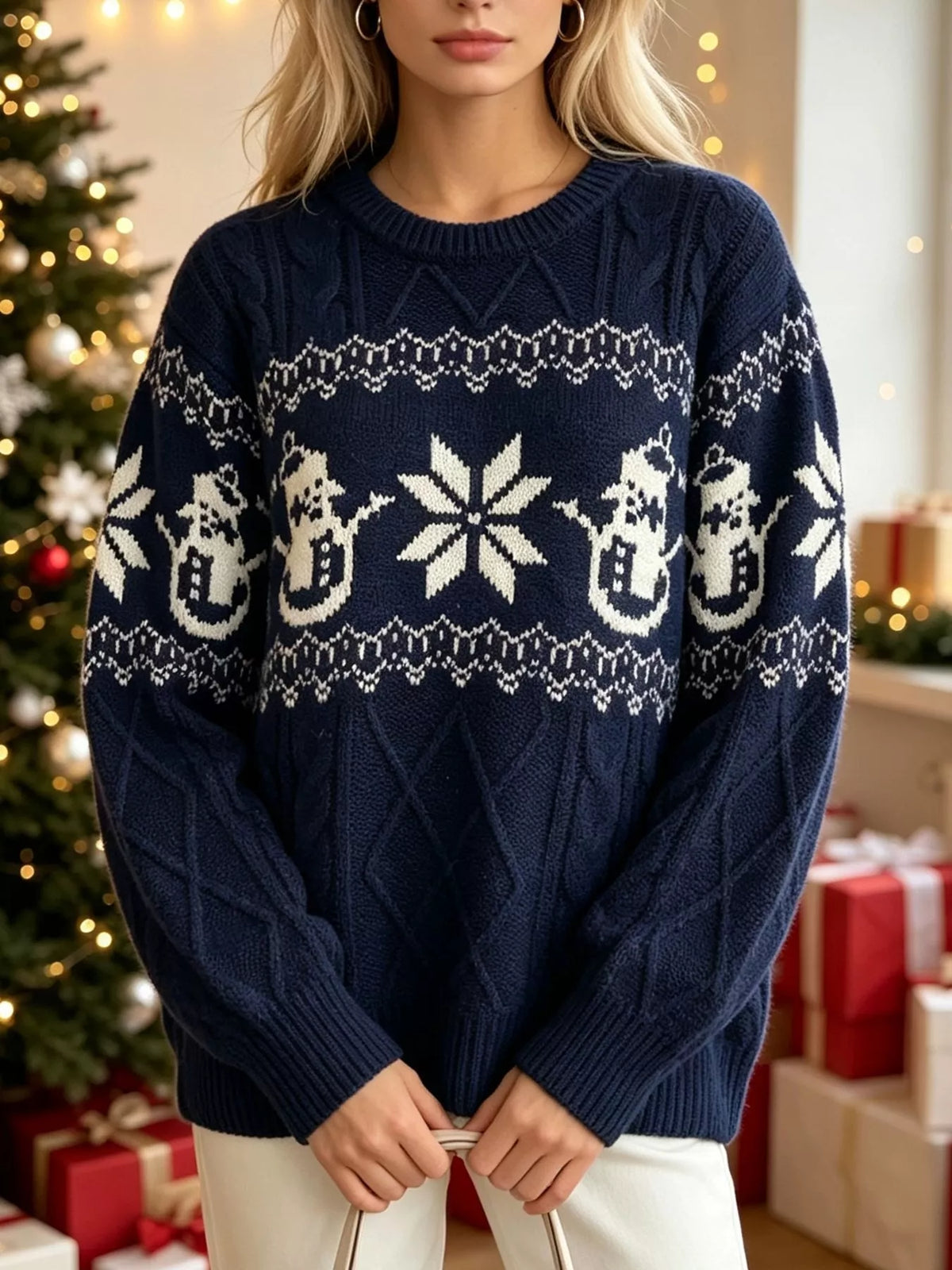 Christmas Snowman Pattern Cable Knit Sweater