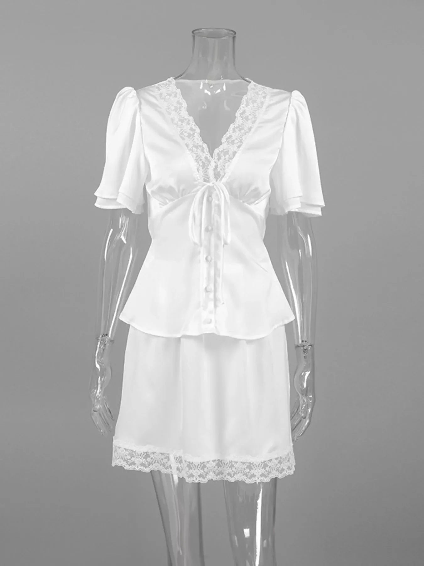 Lace Detail Short Sleeve Top and Skirt Set
