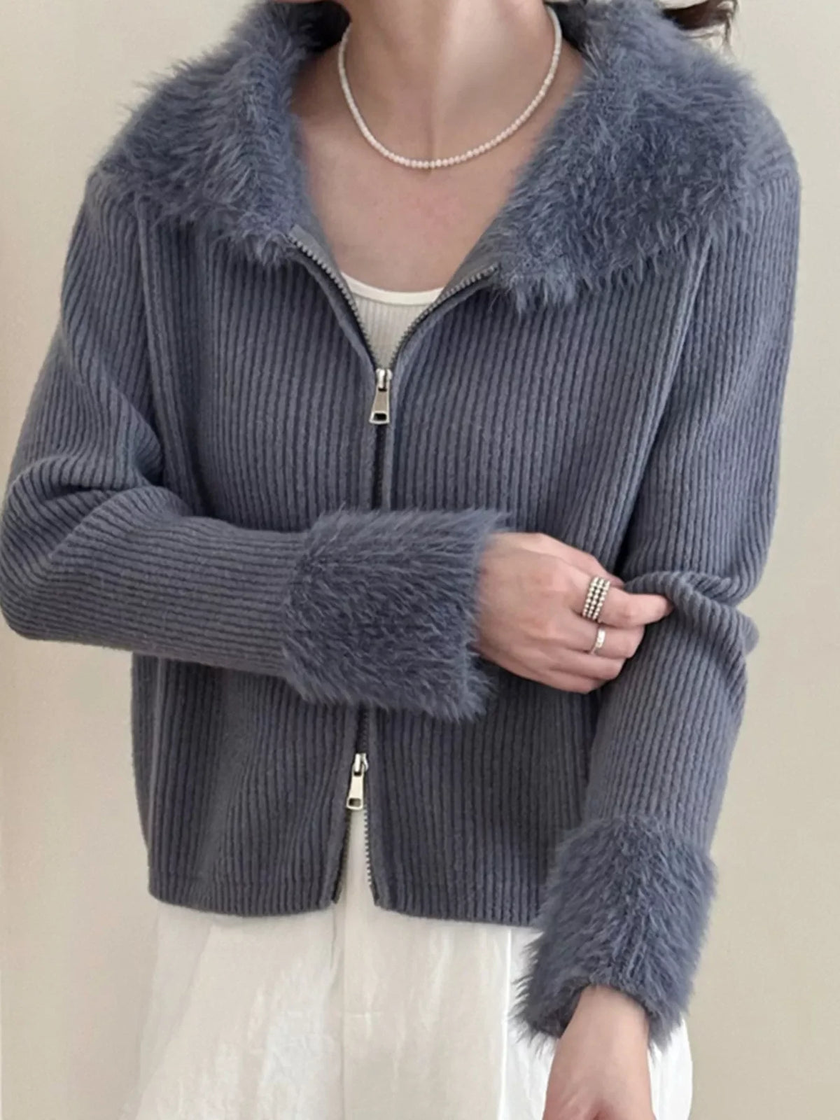 Fluffy Trim Zip-Up Cardigan