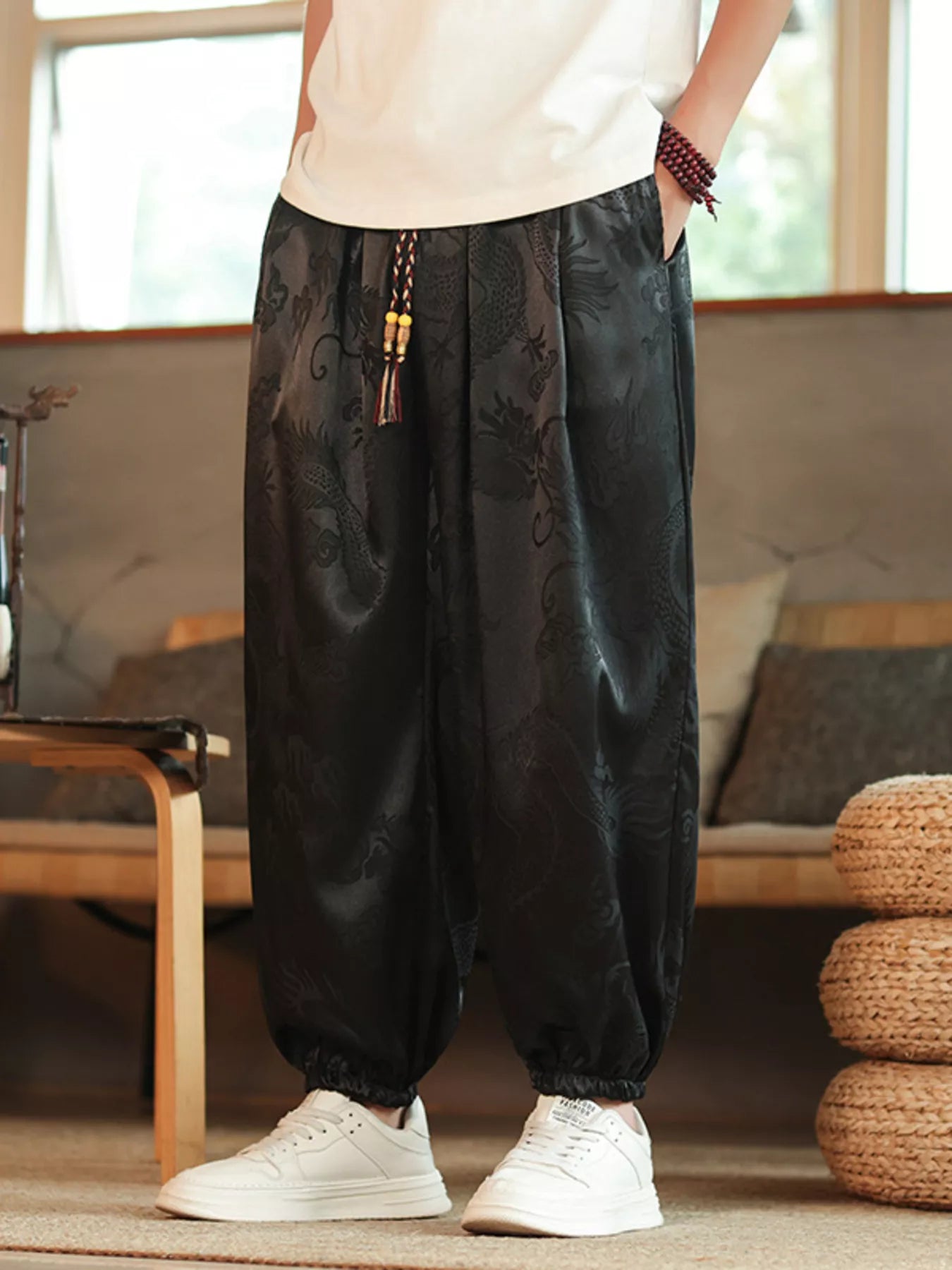 Men's Plus Size Dragon Pattern Silk Harem Pants