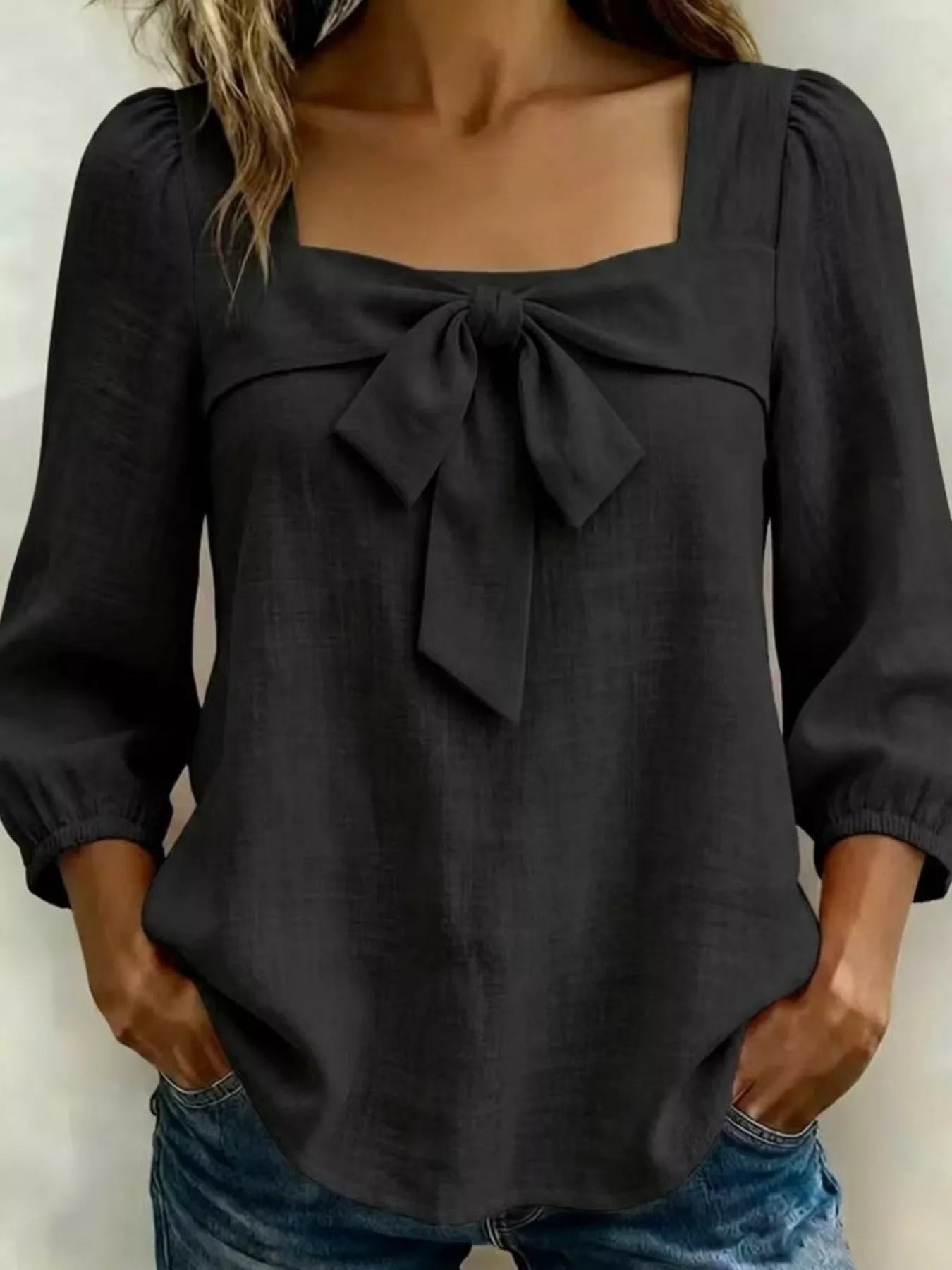 Full Size Bow Front Square Neck Blouse Plus Size