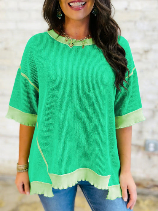 Loose Uneven Hem Twist Ribbed T Shirt