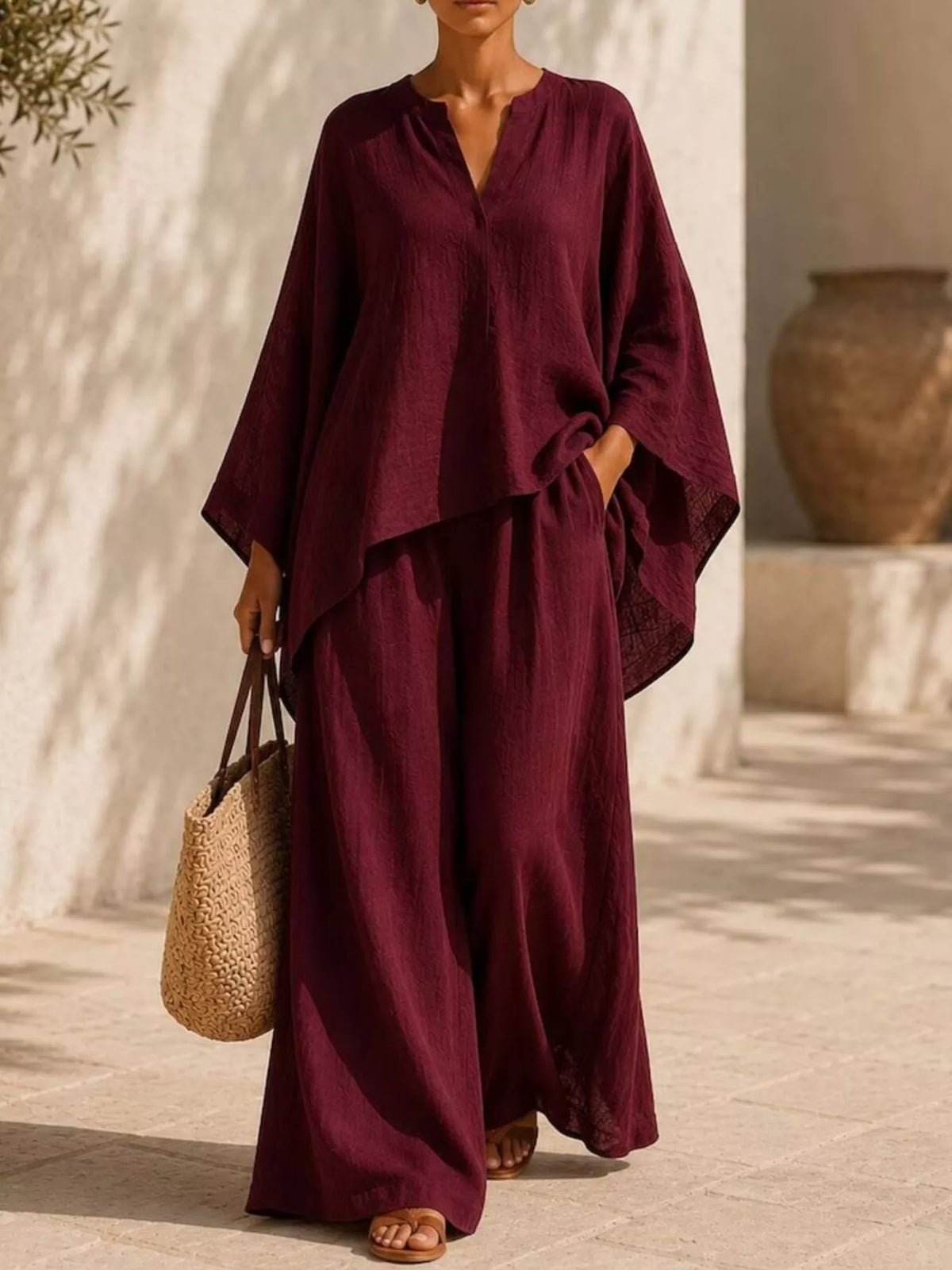 Full Size Loose Fit Top and Wide-Leg Pants Set Plus Size