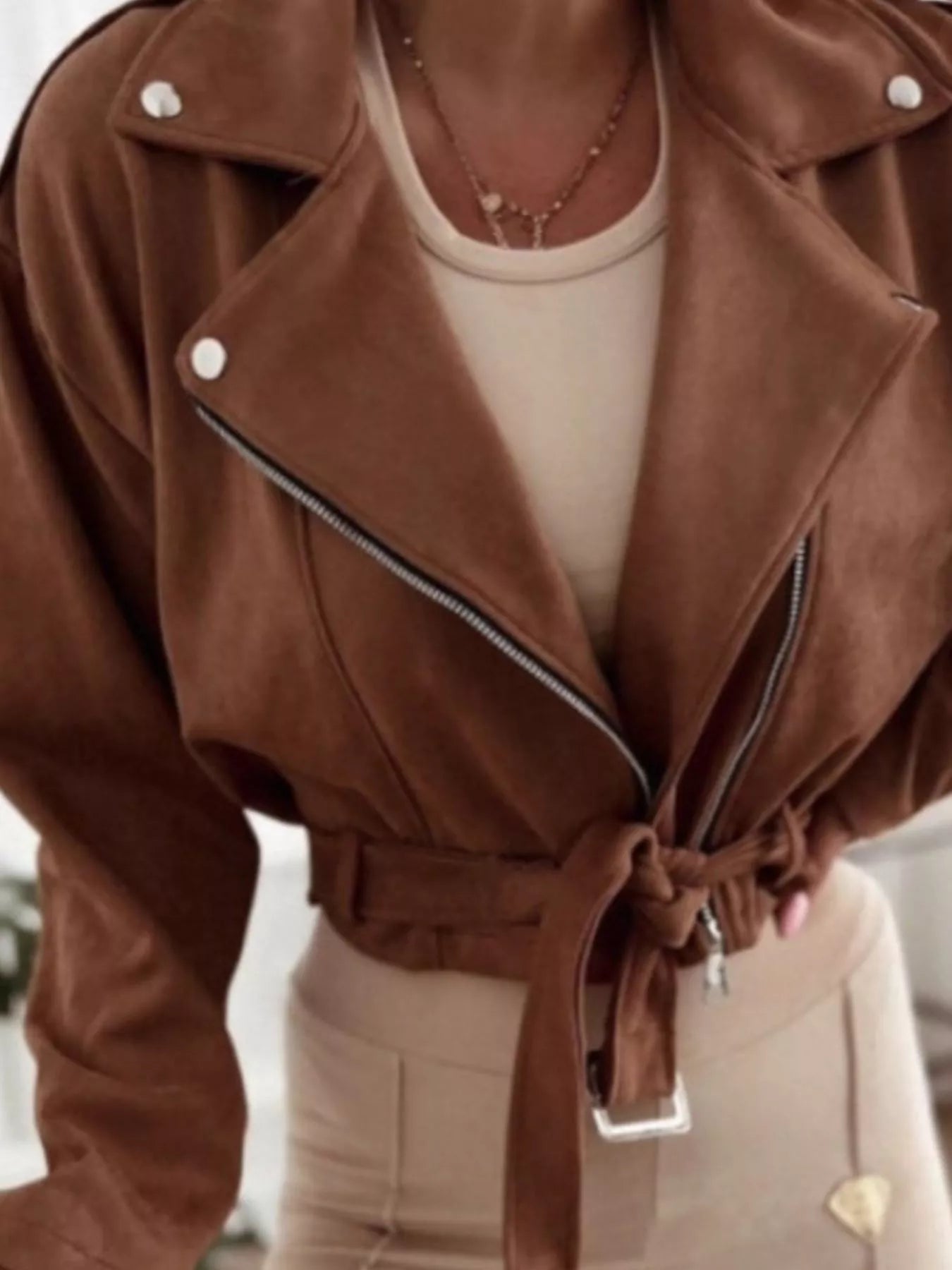 Cropped Biker Jacket with Belt Detail
