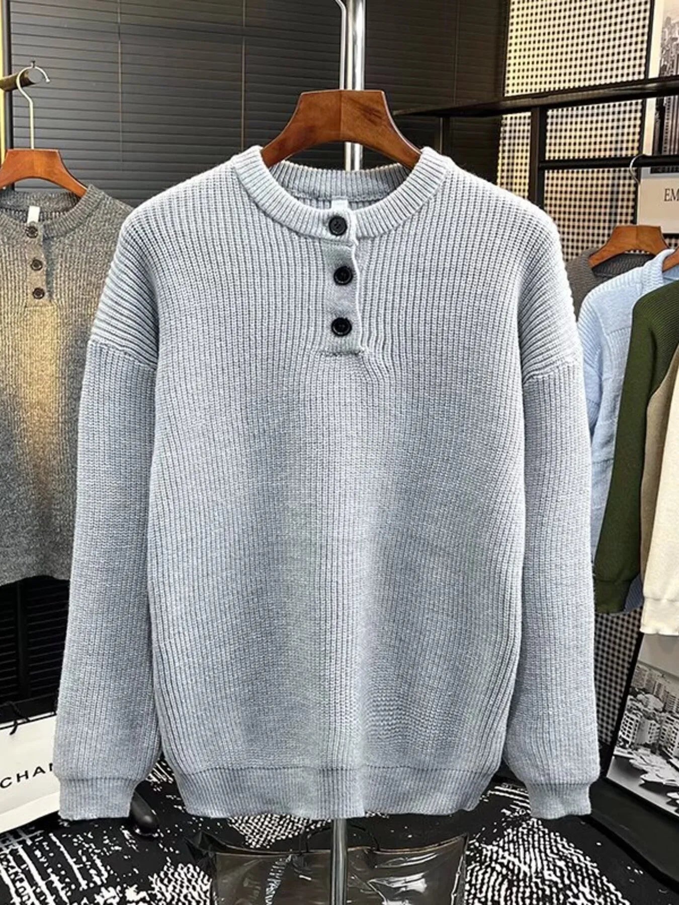 Men's Plus Size Button Detail Dropped Shoulder Sweater
