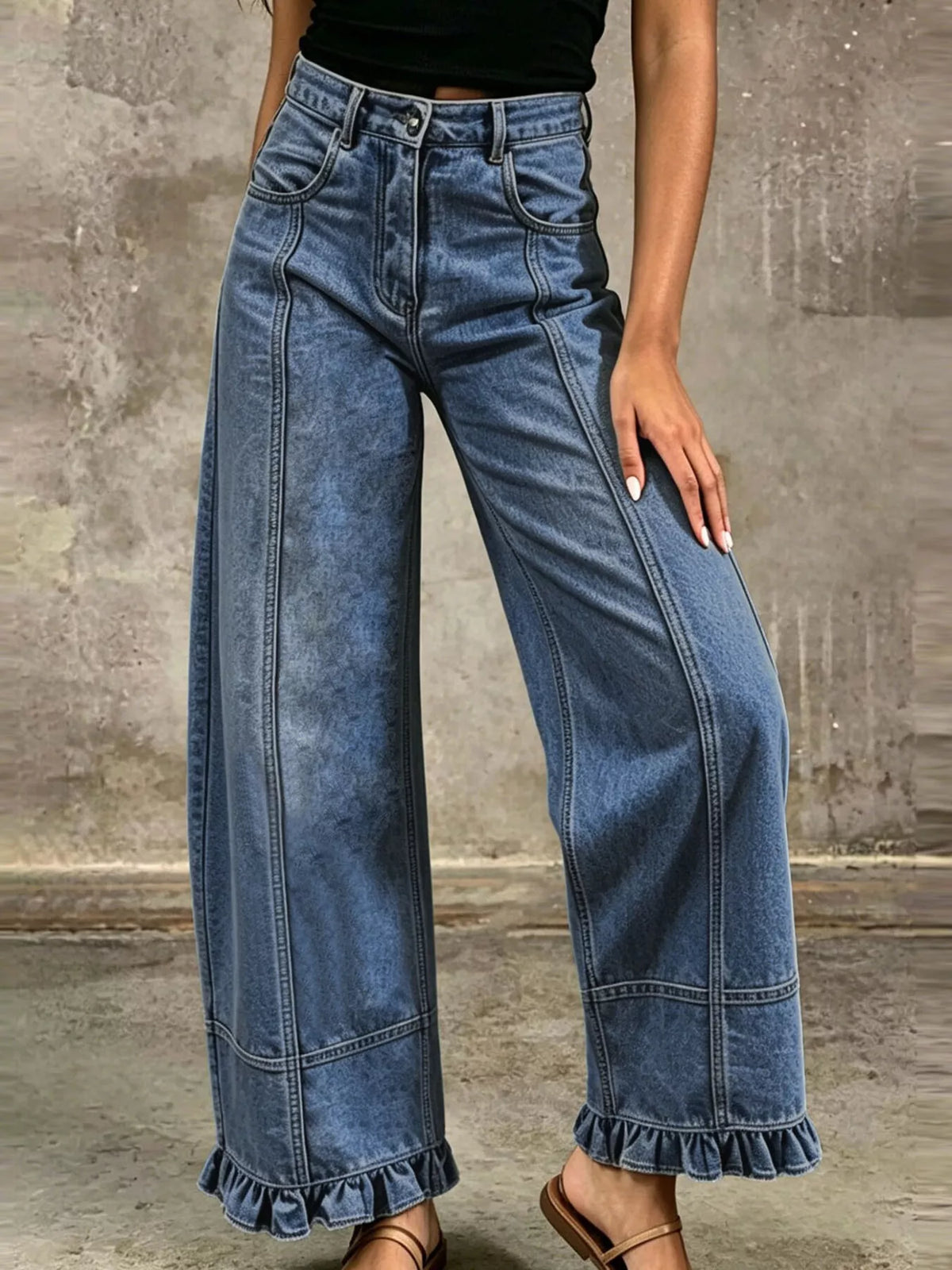Full Size High-Waisted Wide-Leg Ruffled Hem Jeans Plus Size