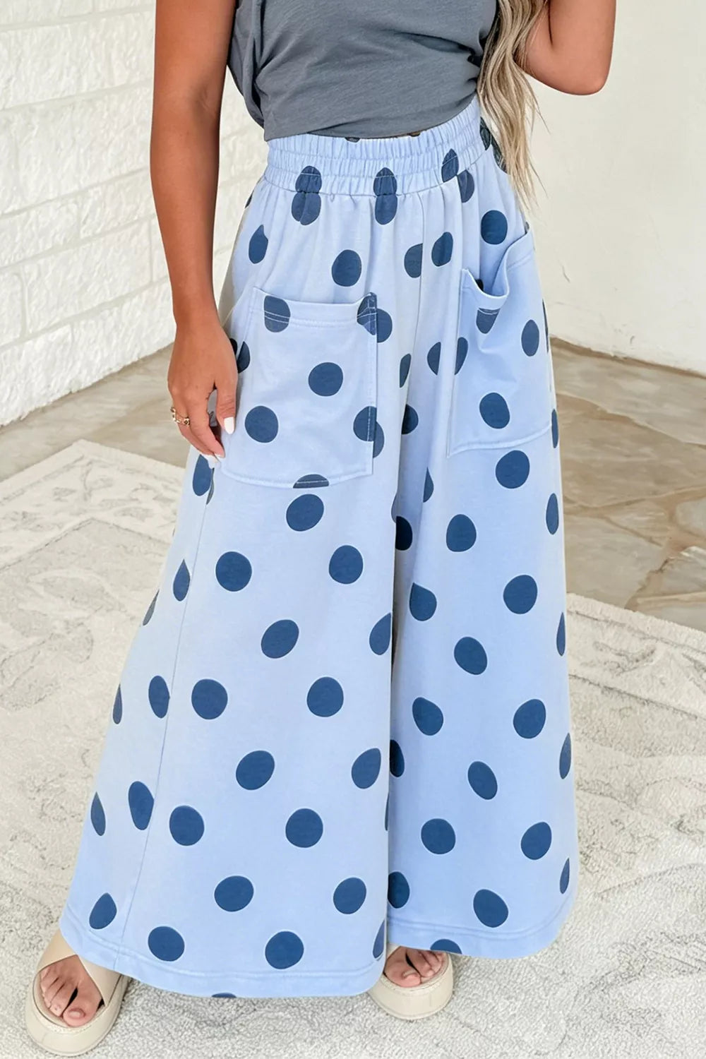 Polka Dot Wide Leg Elastic Waist Casual Pants