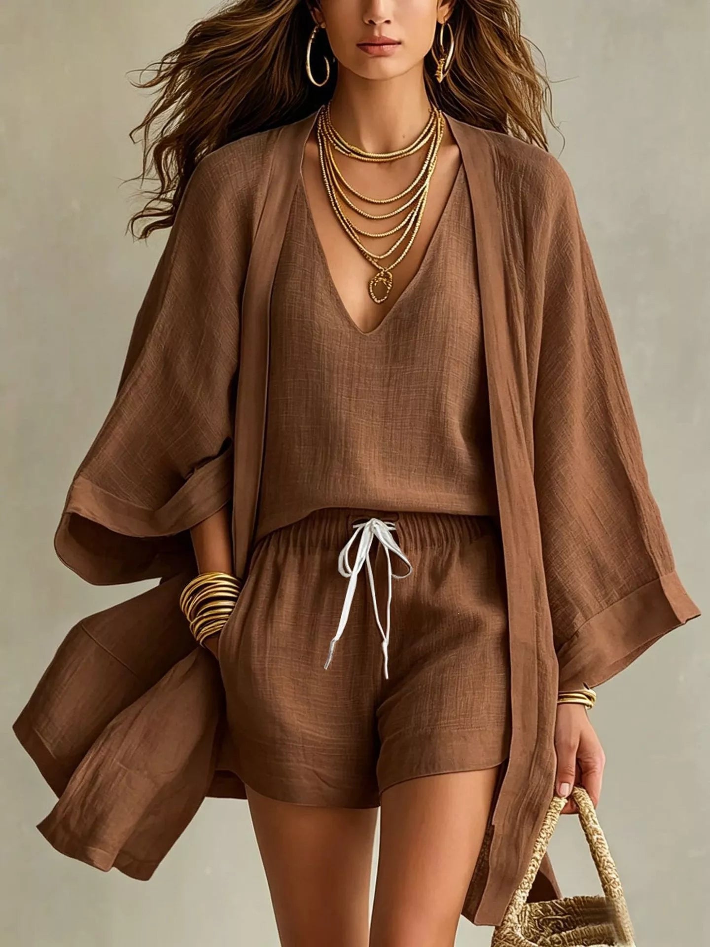 Full Size Elegant Tank and Drawstring Shorts with Cardigan 3-Piece Set Plus Size