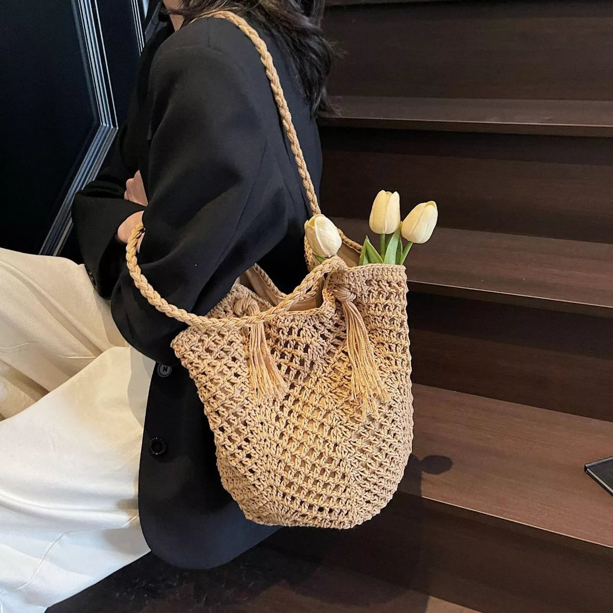 Crochet Shoulder Bag with Tassel Accents