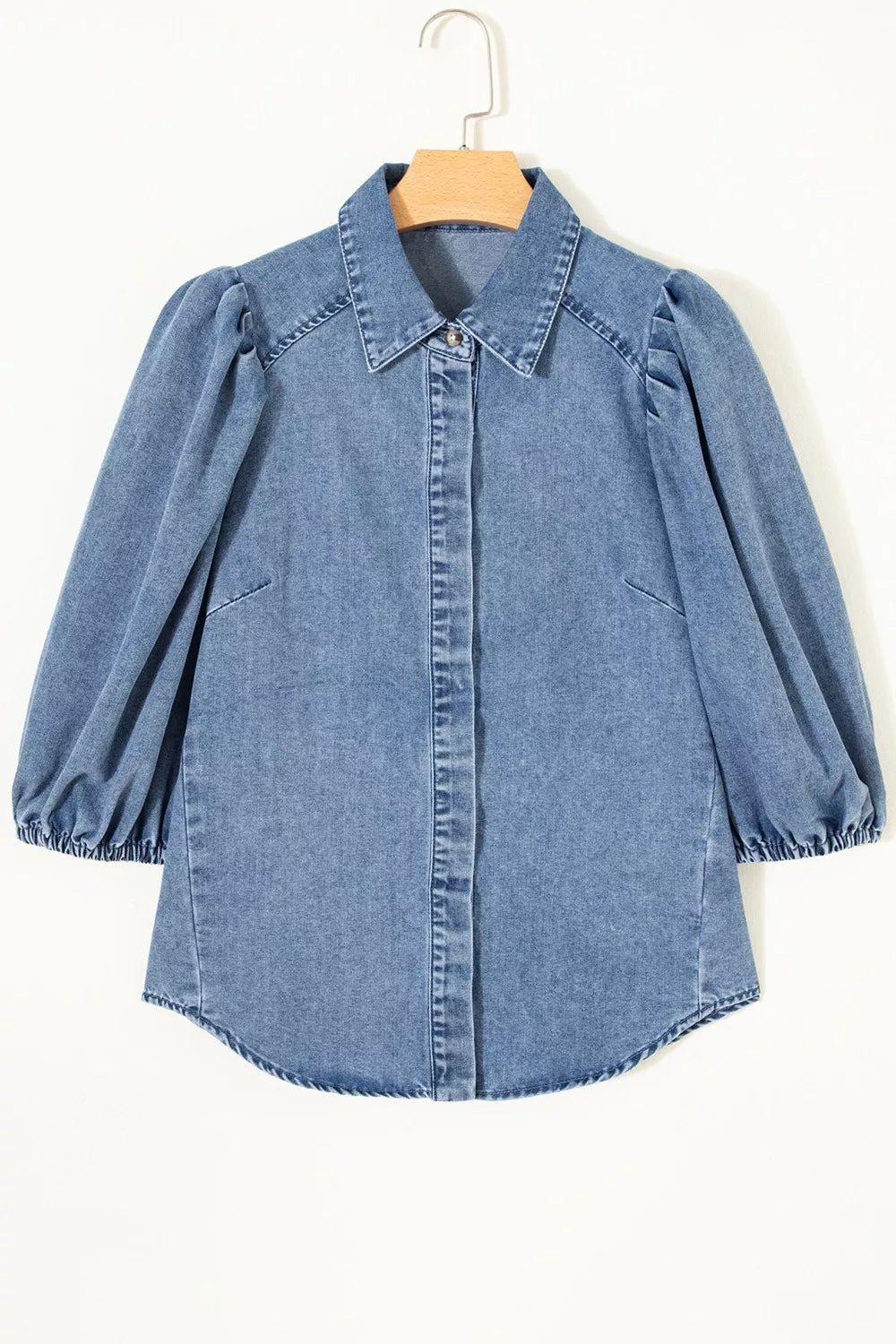 Puff Half Sleeve Collared Denim Shirt