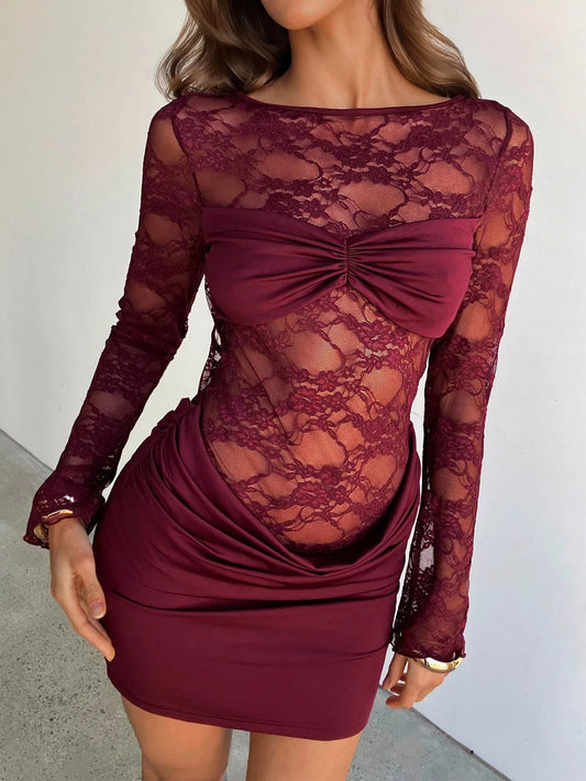 Lace Sheer Cutout Back Long Sleeve Ruched Dress