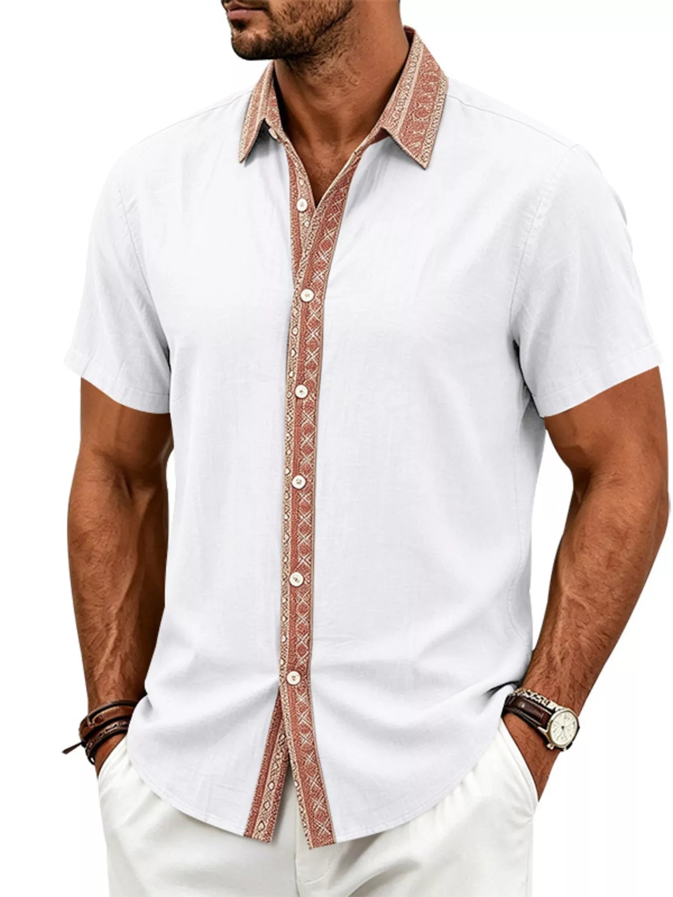 Men's Full Size Casual Short Sleeve Linen Shirt Plus Size