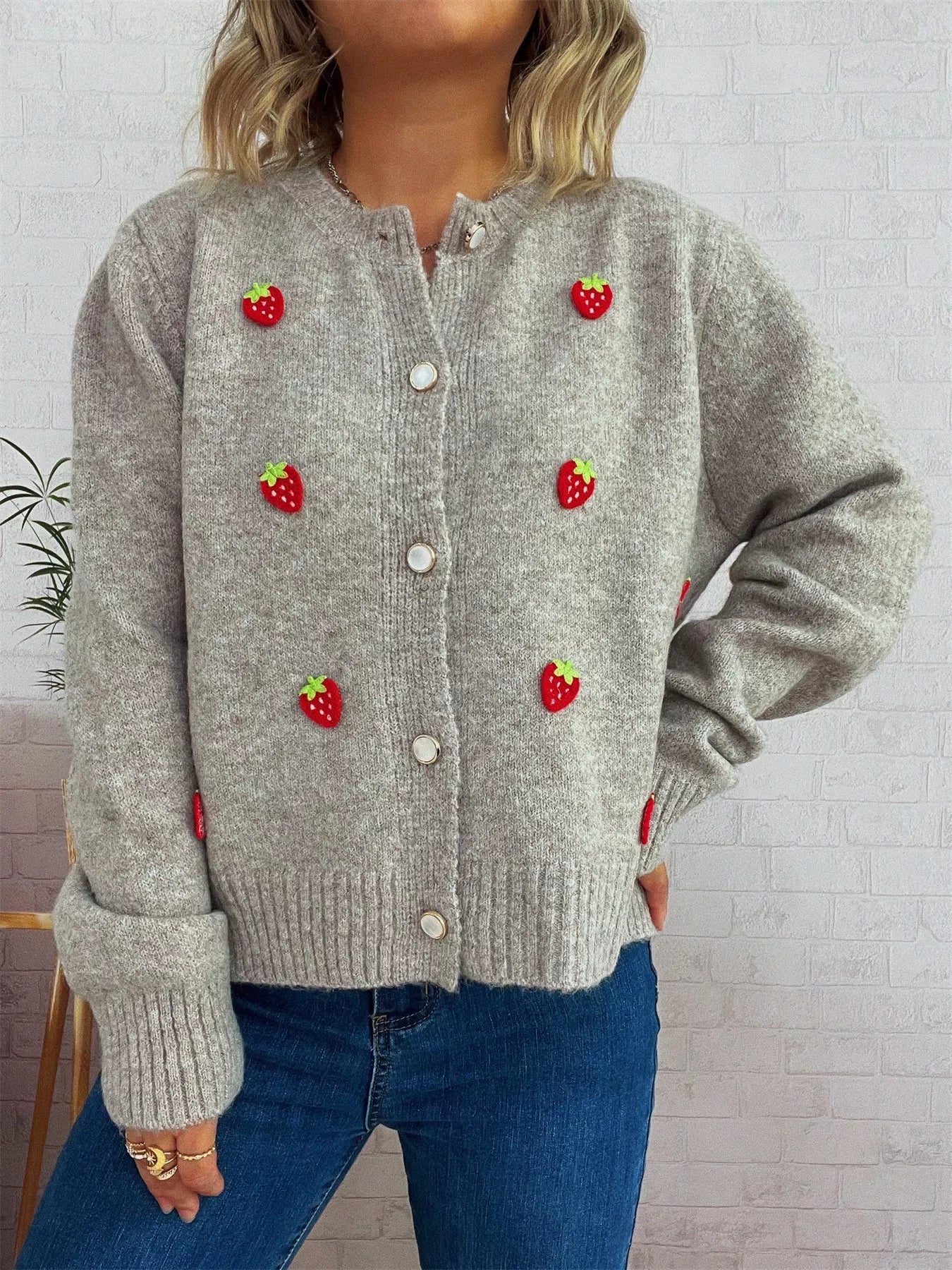 Strawberry Button Up Long Sleeve Cardigan