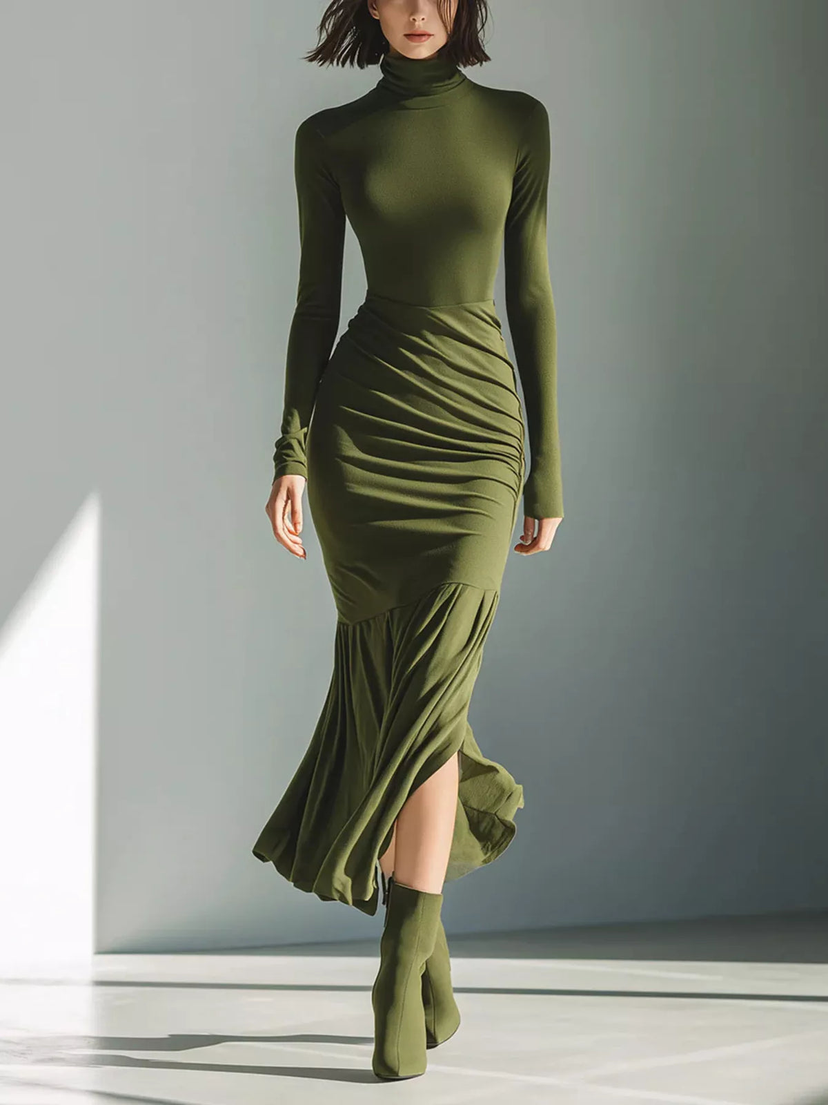 Full Size Slit Turtleneck Ruched Bodycon Mermaid Dress Plus Size