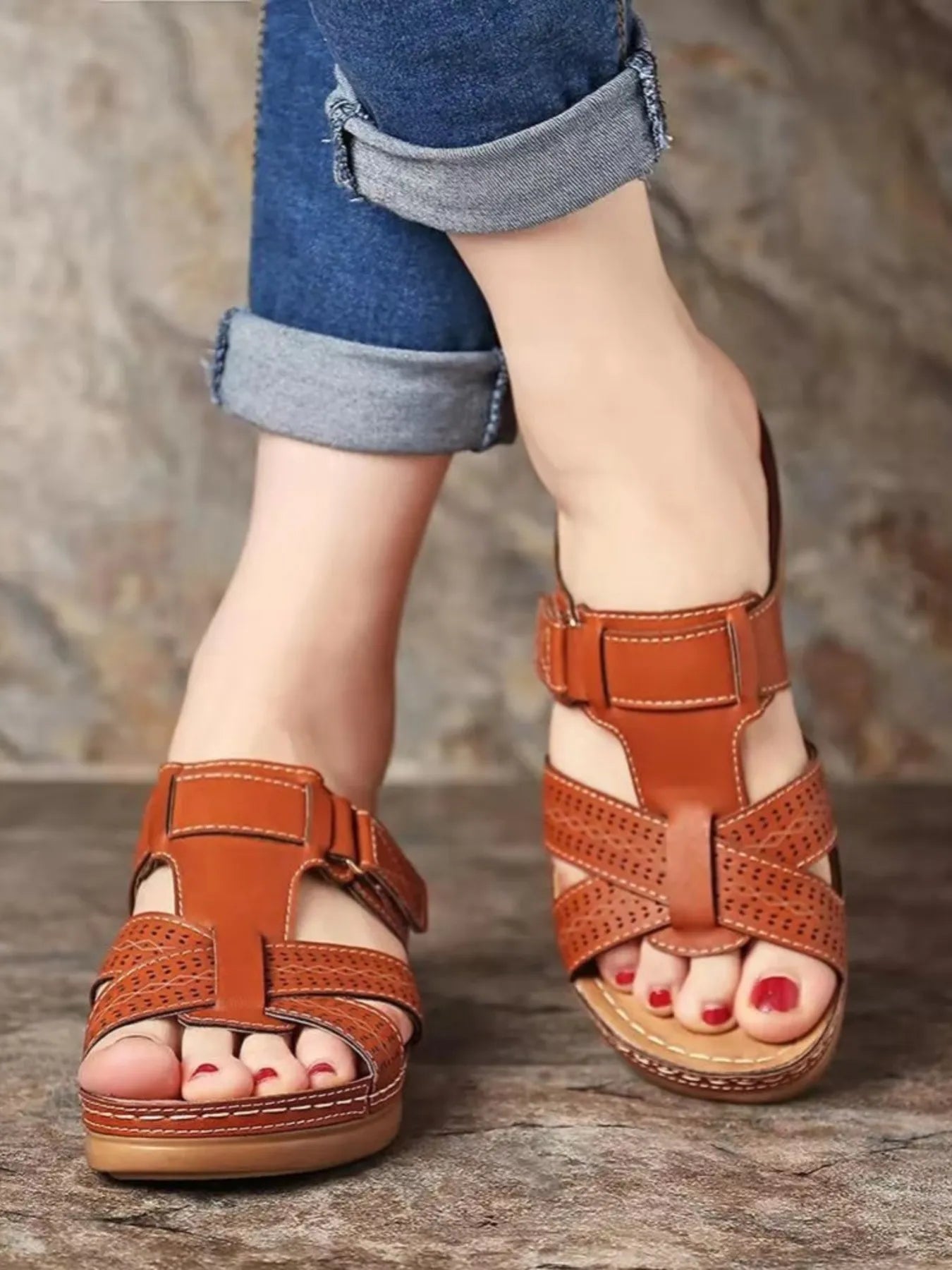 Cutout Leather Wedge Sandals