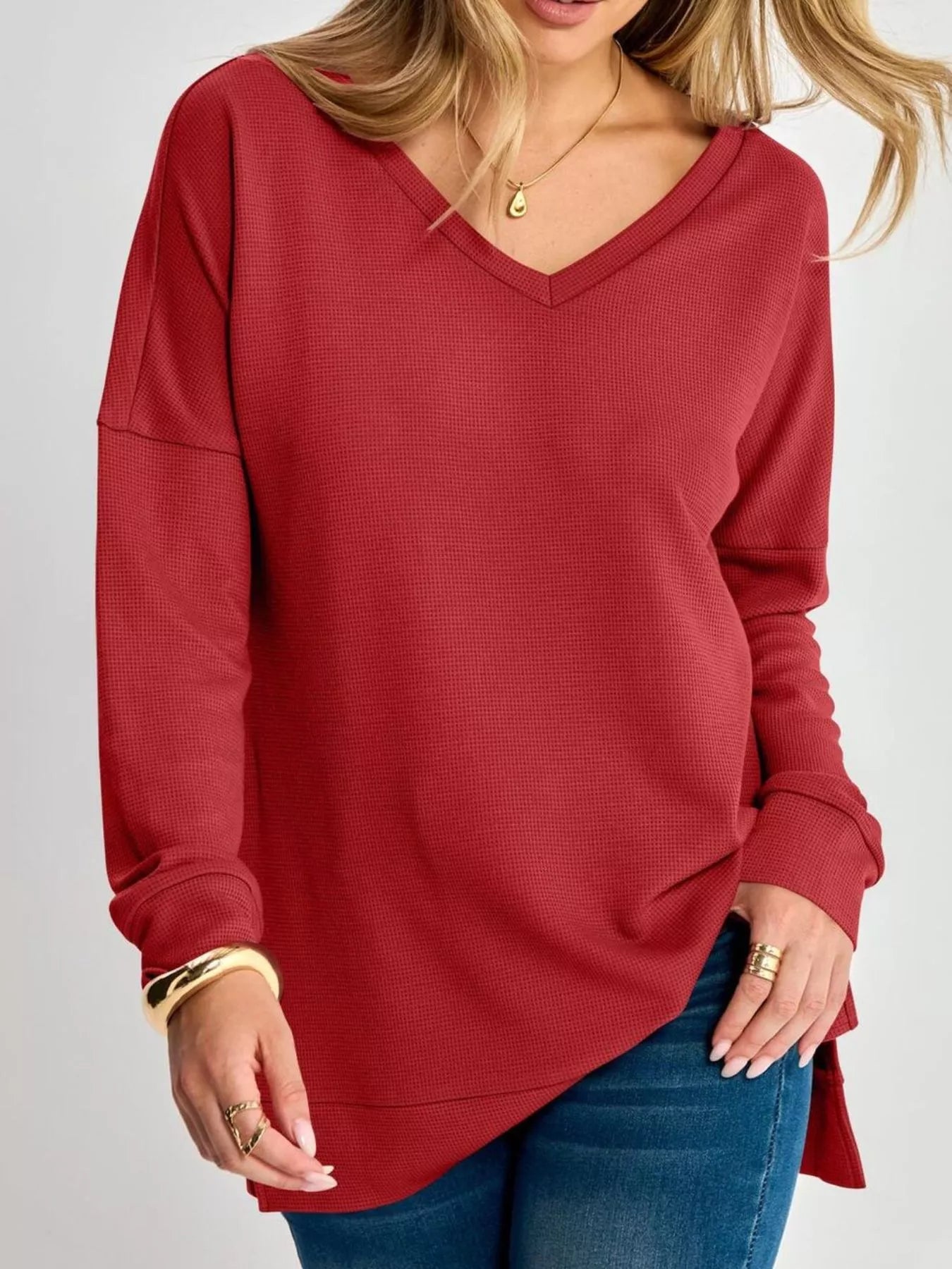 Side Slit Waffle Knit V-Neck T-Shirt