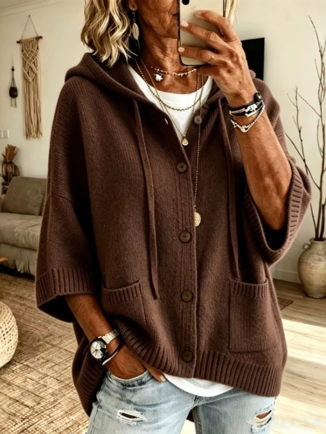 Hooded Button-Down Knit Cardigan