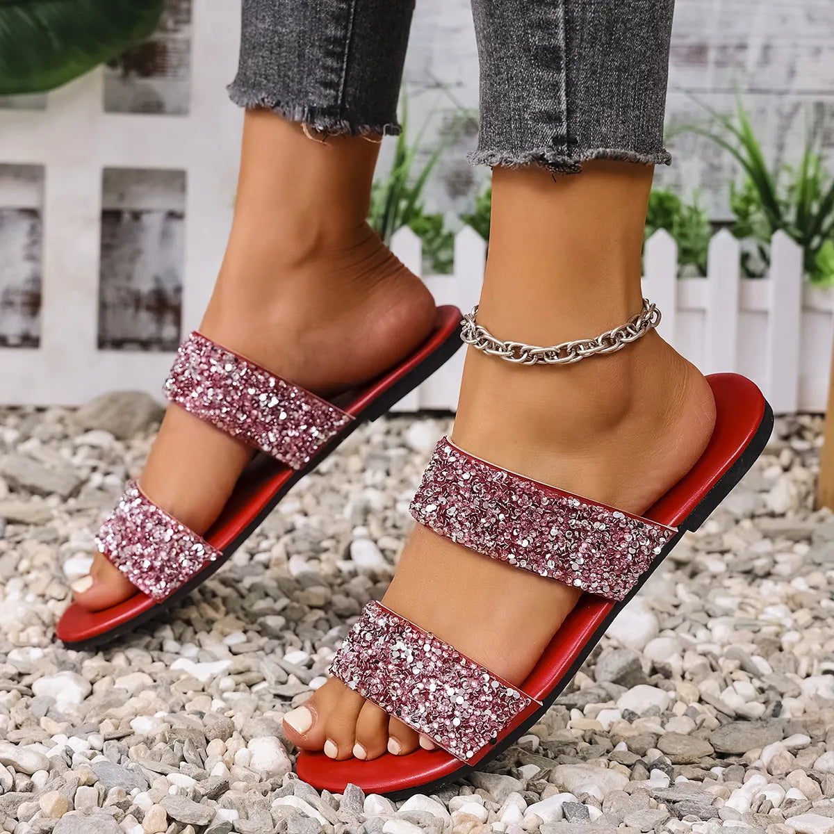 Sequin Open Toe Flats Sandals