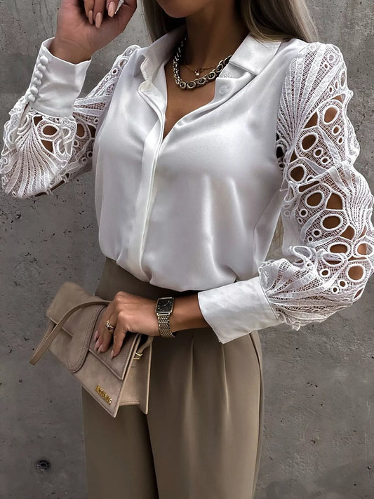 Lace Sleeve Collared Neck Blouse