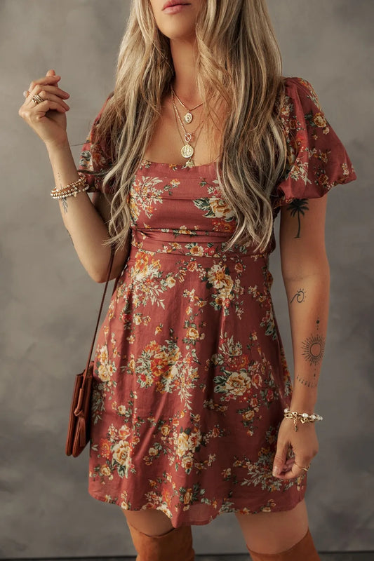 Floral Puff Sleeve Square Neck Knot Open Back Mini Dress