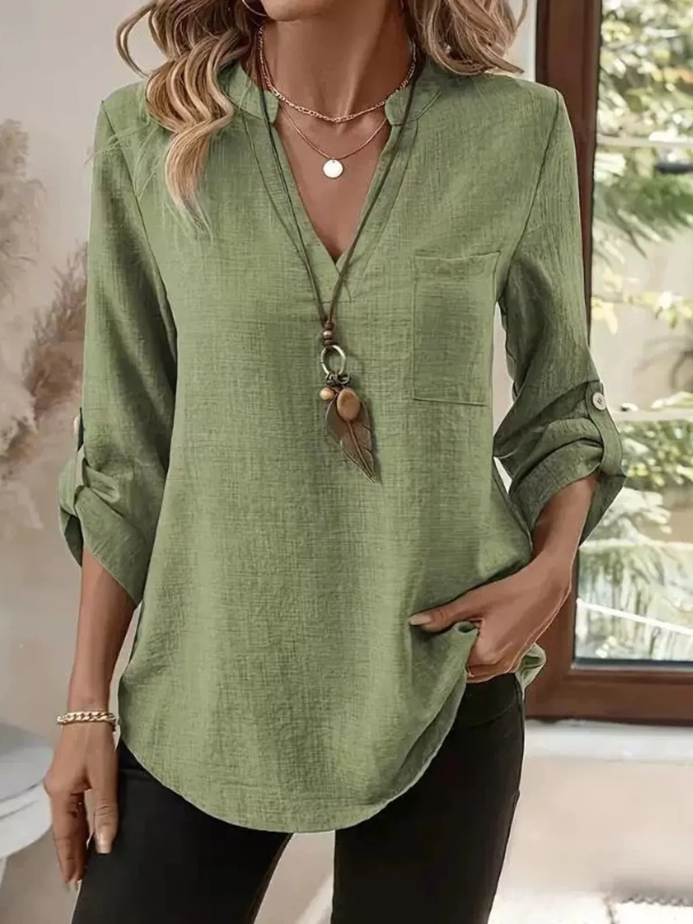 Casual V-Neck Roll-Sleeve T-Shirt with Pocket