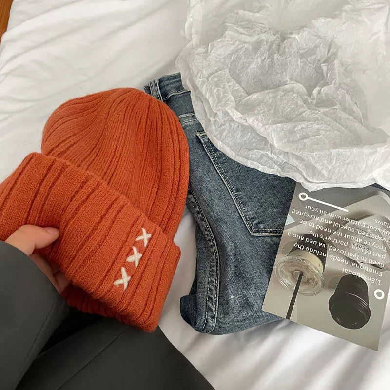 Knitted Beanie Hat with Embroidered Detail