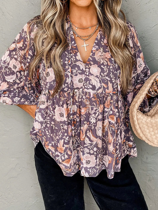 Floral Print Tie Neck Blouse