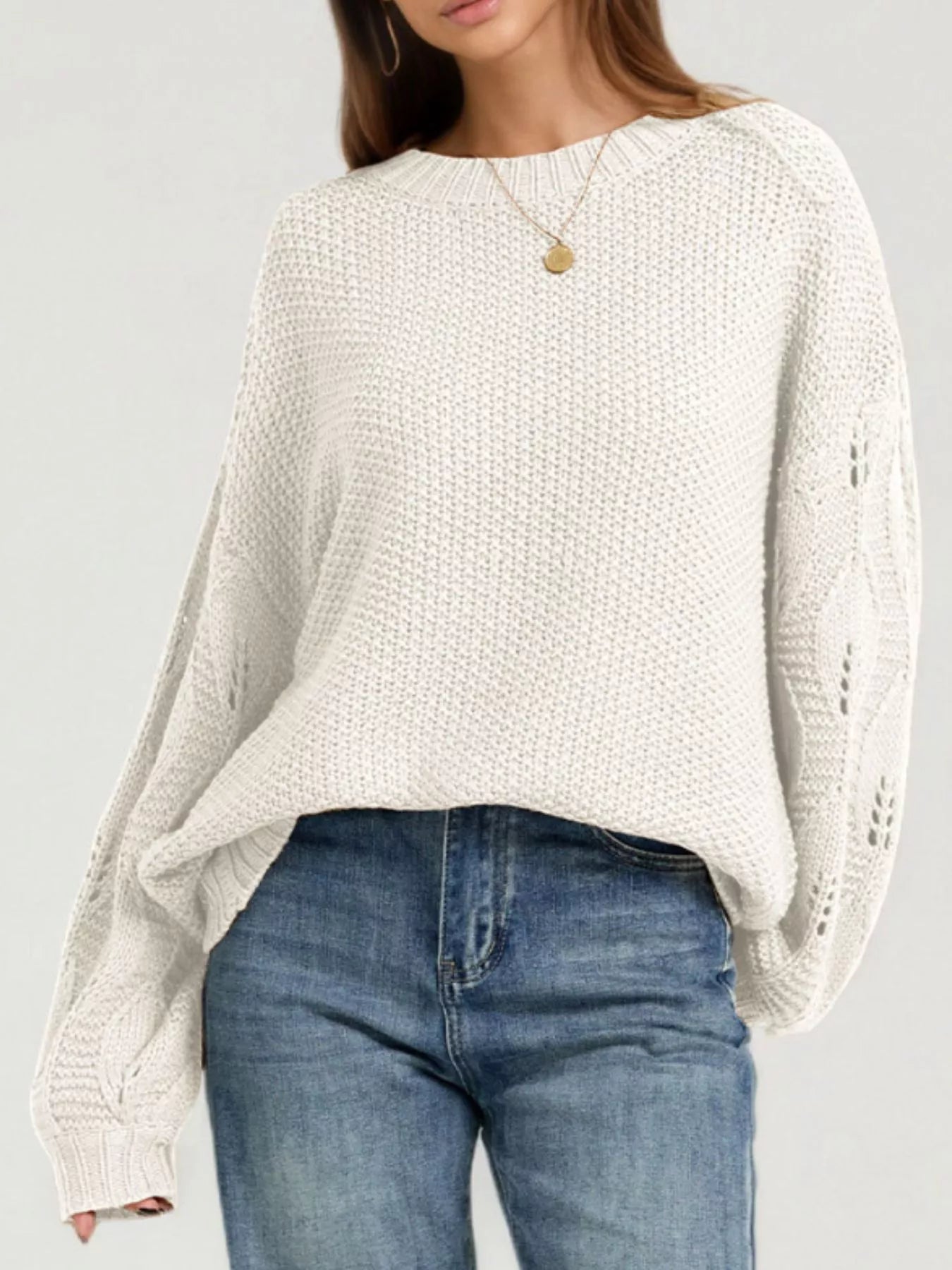 Textured Knit Openwork Dropped Shoulder Sweater