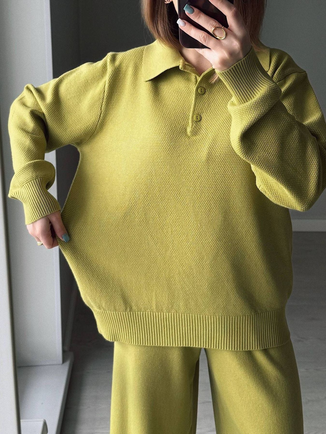 Polo Collar Top and Pants or Skirt Knit Set