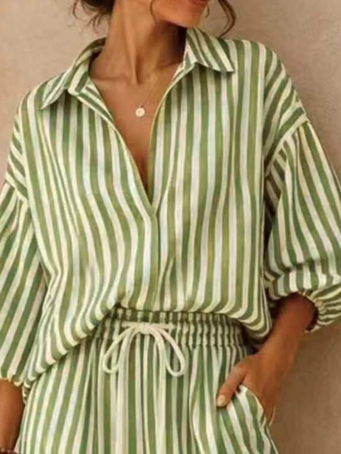 Full Size Striped Puff Sleeve Shirt and Wide-Leg Drawstring Pants Set Plus Size