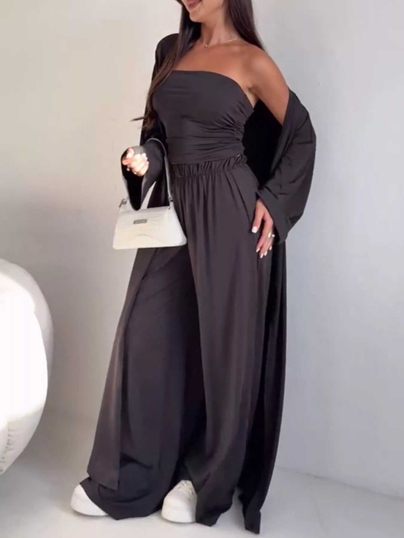 Chic Strapless Ruched Crop Top and Wide-Leg Pants with Cardigan 3-Piece Set