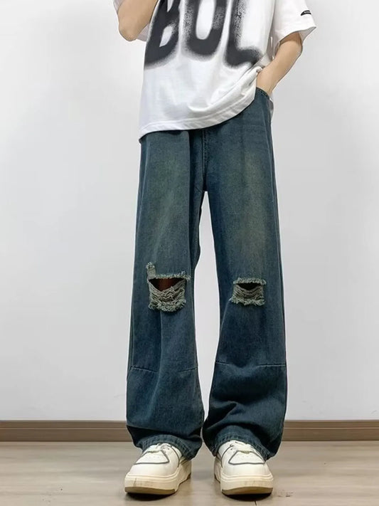 Men's Full Size Distressed Wide Leg Jeans Plus Size