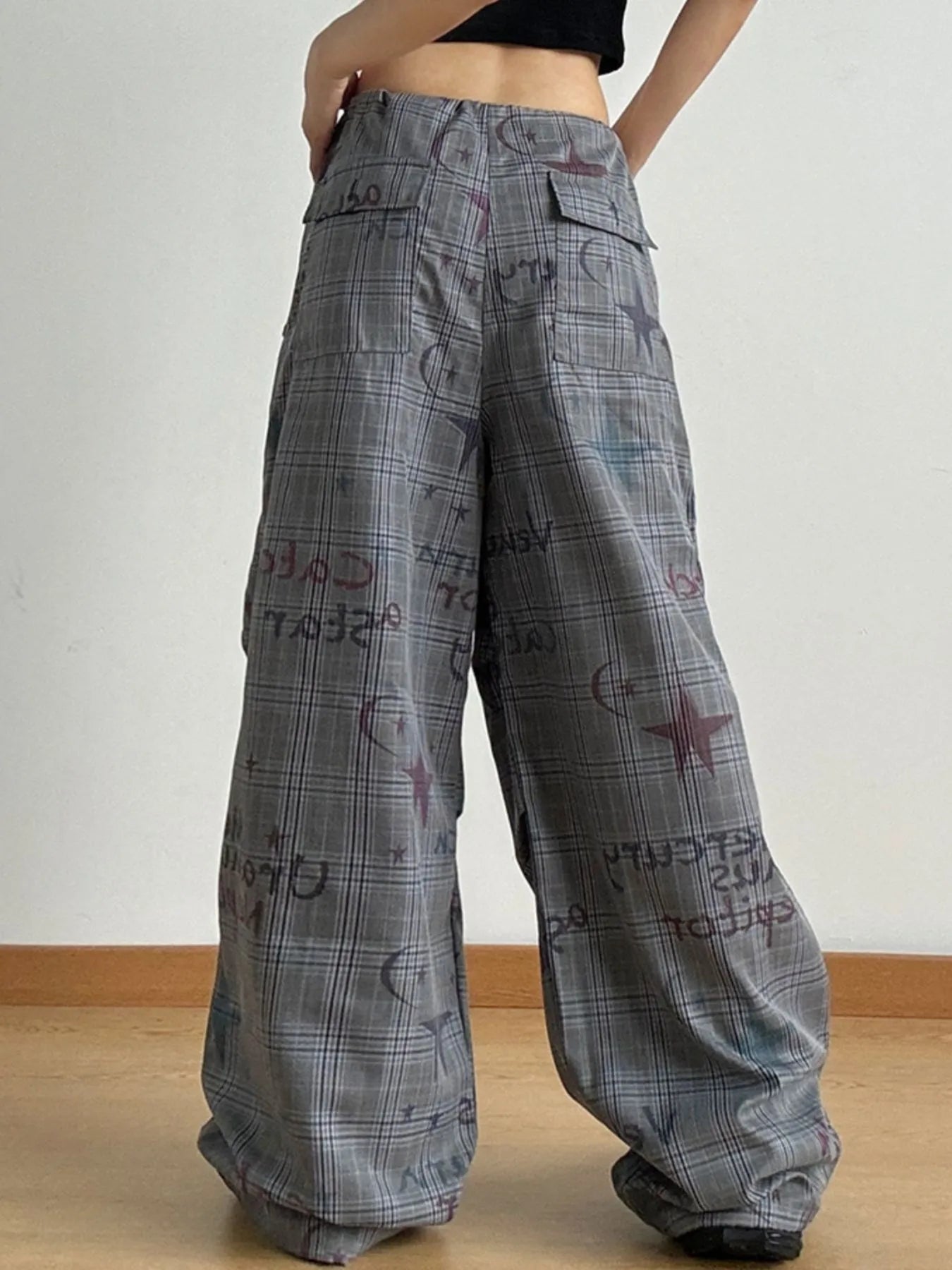 Drawstring Plaid Wide Leg Pants