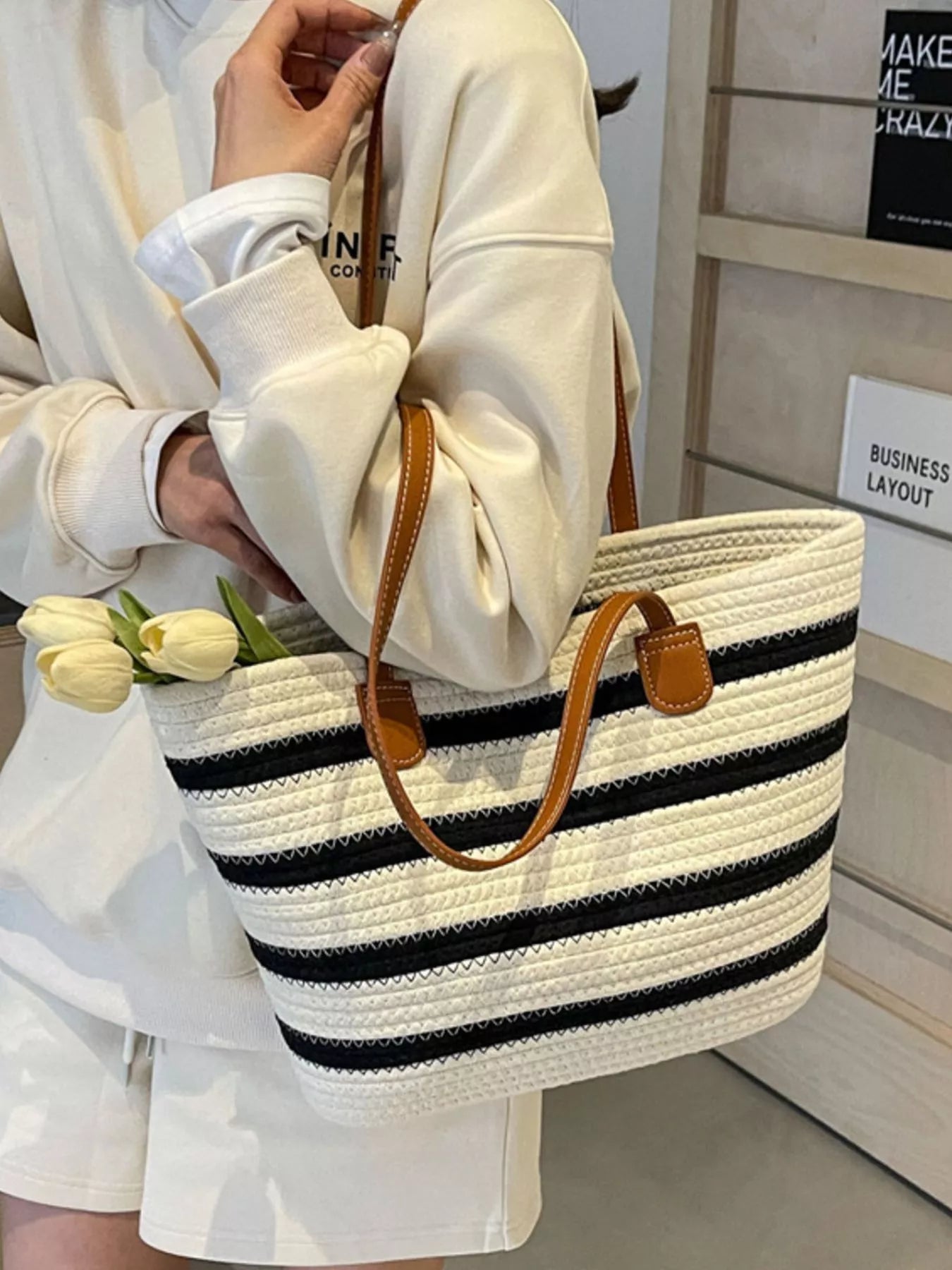 Striped Straw Tote Bag