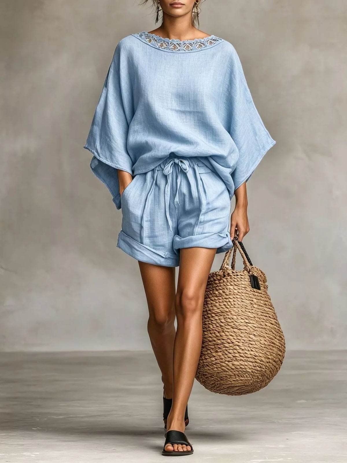 Lace Trim Top and Drawstring Shorts Set