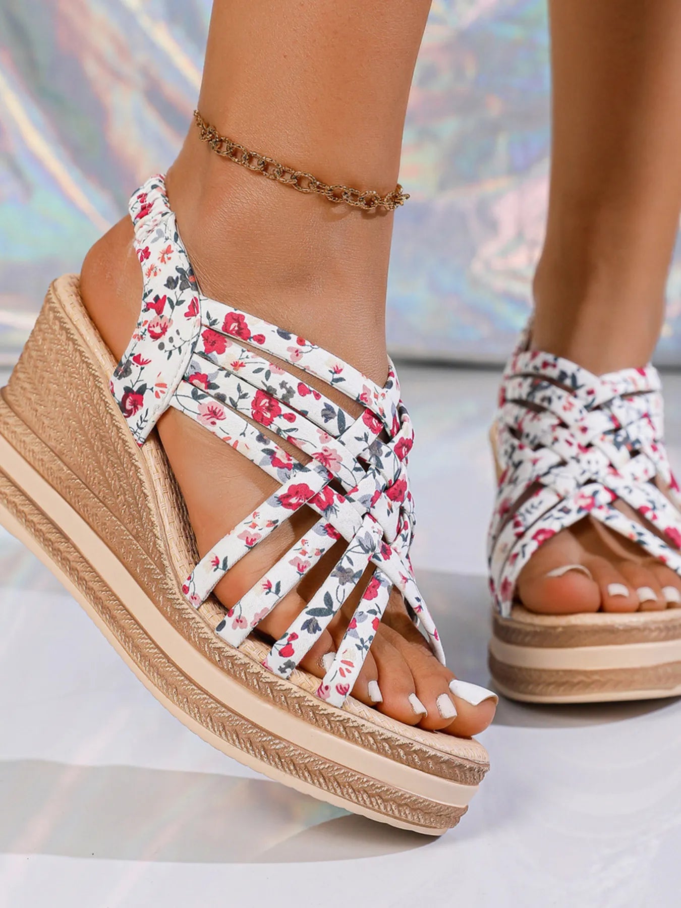Open Toe Floral Print Strappy Platform Wedge Sandals