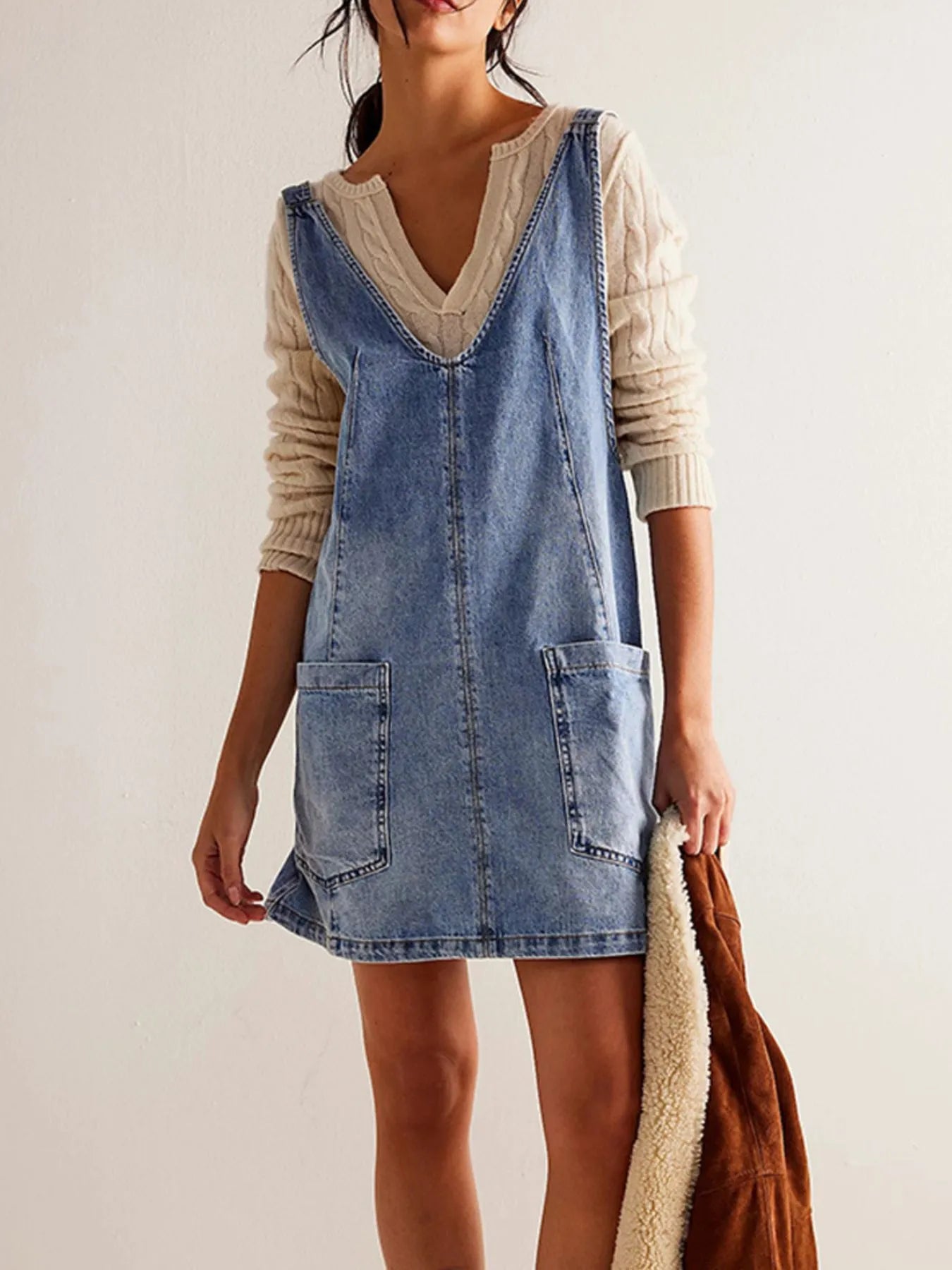 Oversized V-Neck Denim Tank Dress with Front Pockets