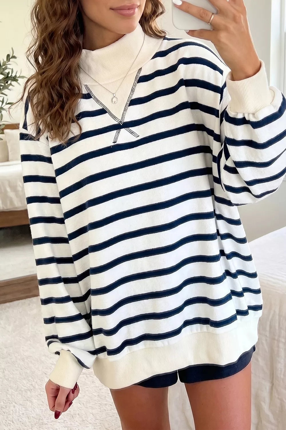 Striped Stand Neck Long Sleeve Ribbed Cuff Hem Sweatshirt