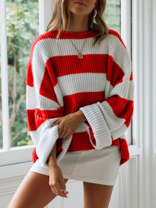 Contrast Striped Round Neck Sweater