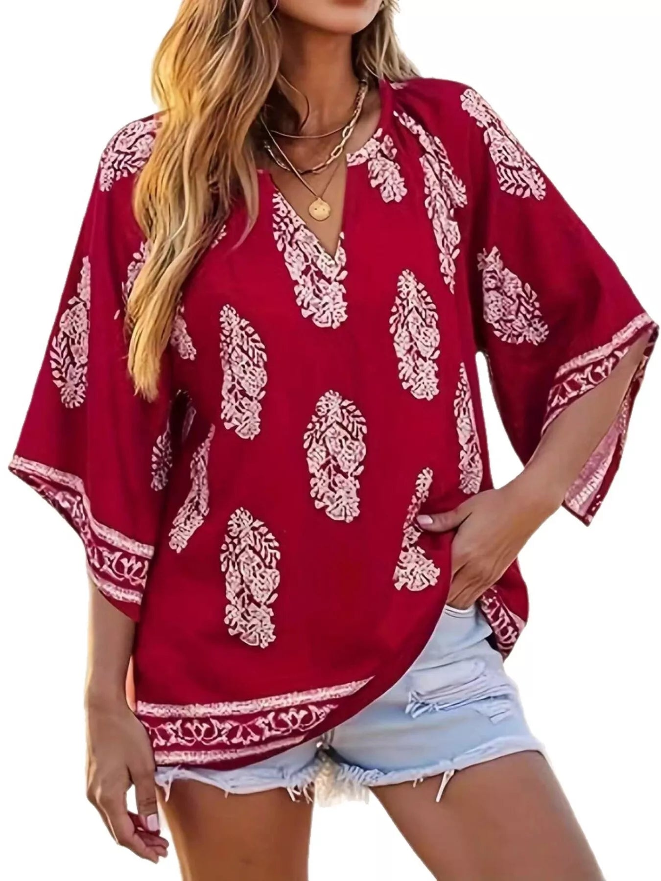 Printed Notched 3/4 Sleeve Blouse
