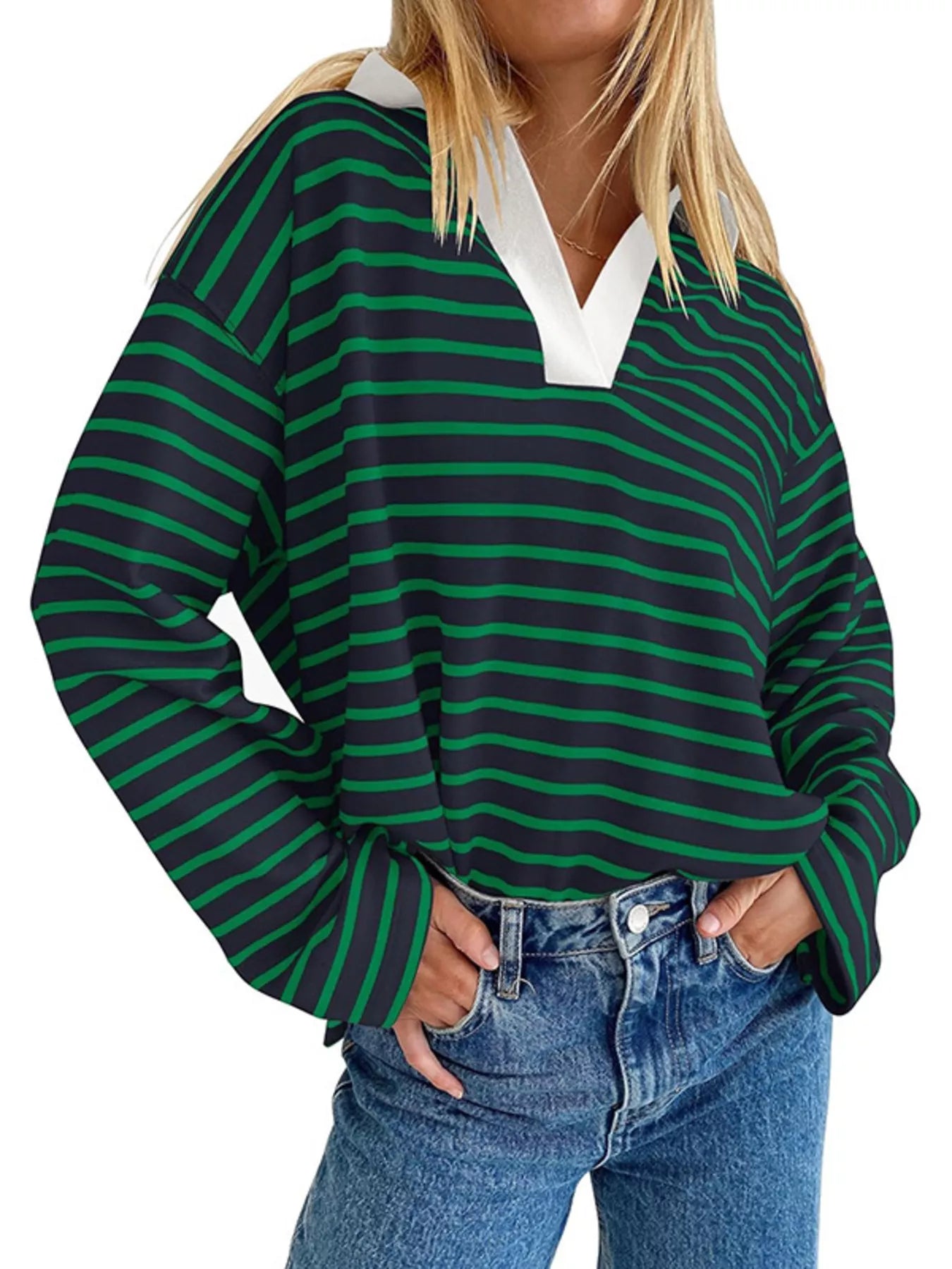 Oversized Striped Johnny Collar T-Shirt
