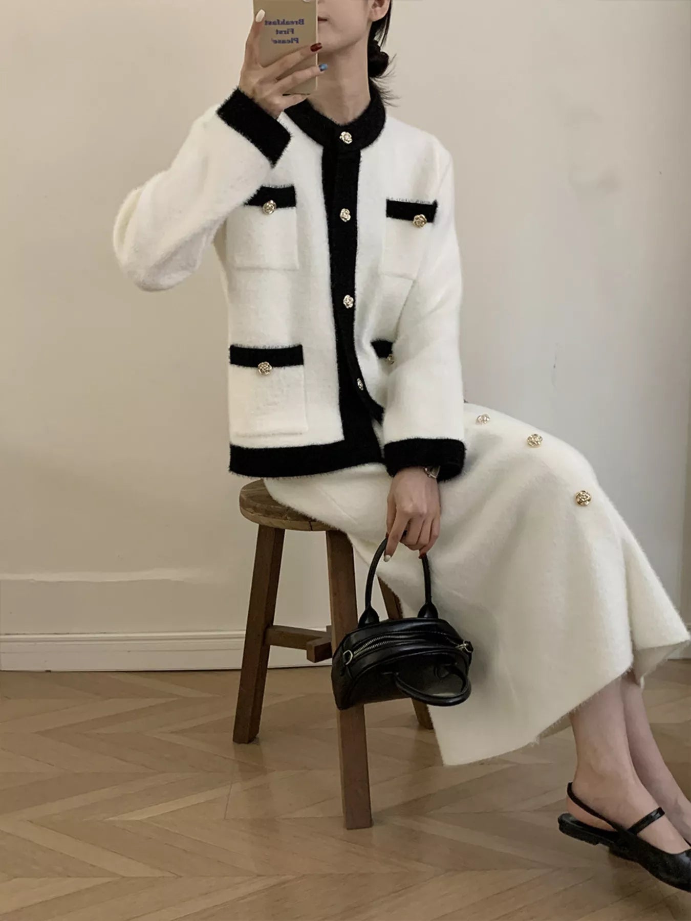 Contrast Trim Jacket and Skirts Sweater Set