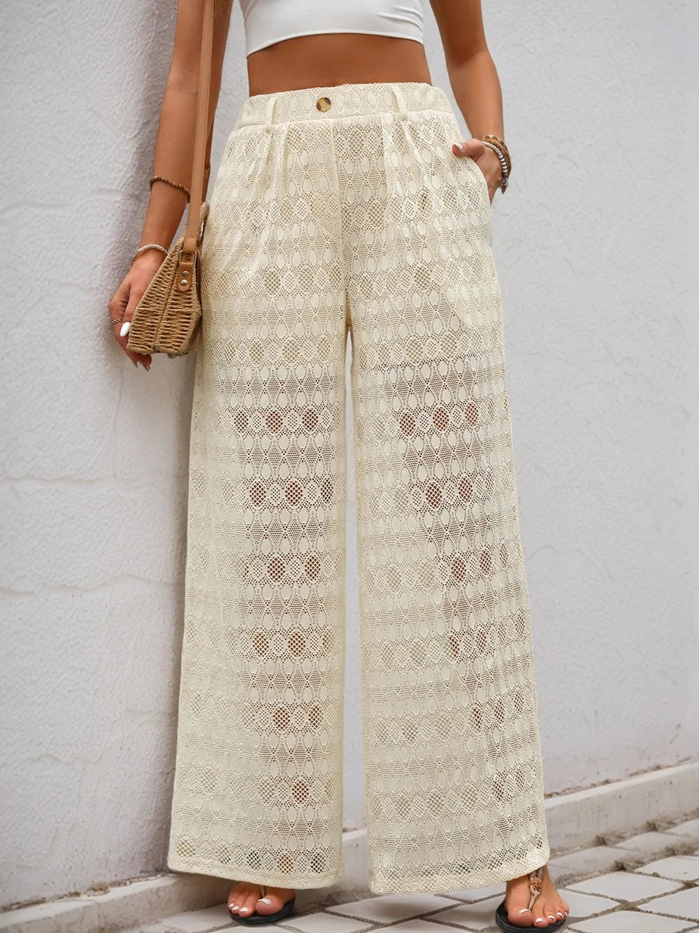 Decorative Button Wide Leg Pants