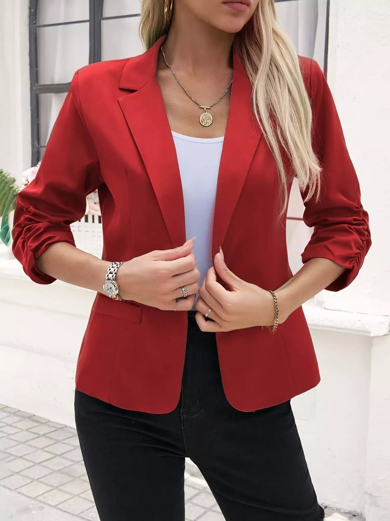 Full Size One Button Lapel Collar Blazer Plus Size