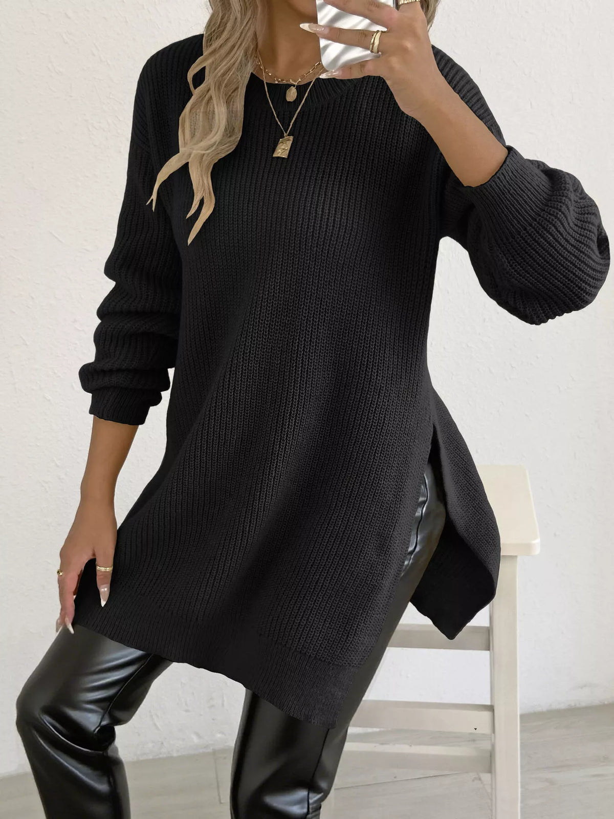 Side-Slit Dropped Shoulder Sweater