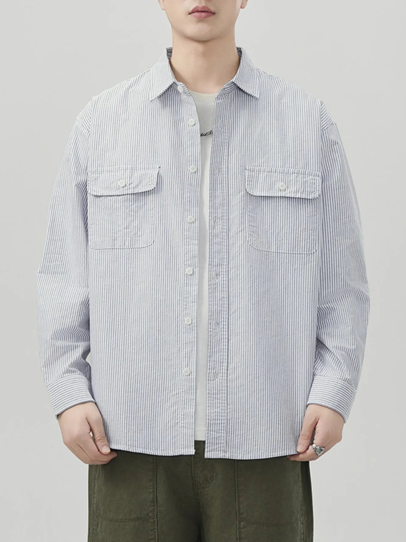 Men's Plus Size Striped Button Up Long Sleeve Shirt