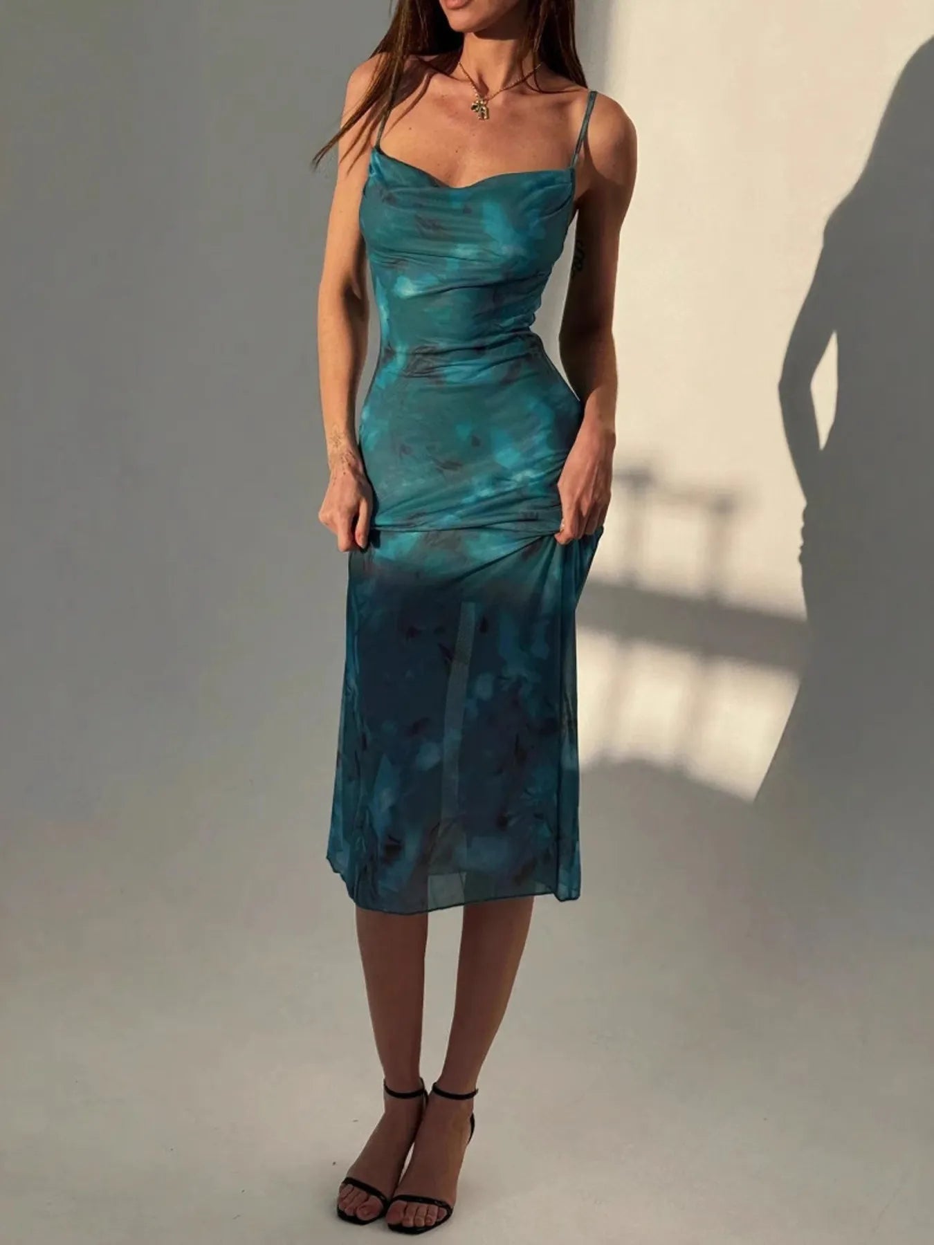 Ruched Spaghetti Strap Midi Dress