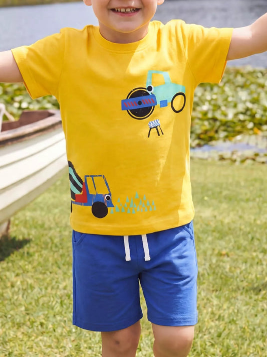 Children's Construction Vehicle Print T-Shirt and Shorts Set