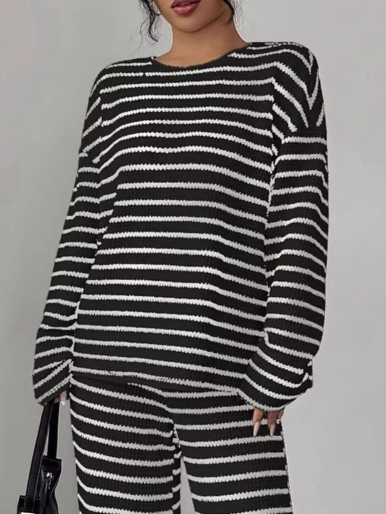 Striped Knit Dropped Shoulder Top and Pants Set